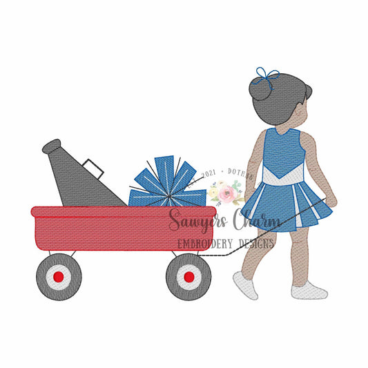 Cheerleader with bun pulling wagon with megaphone & pompom sketch stitch machine embroidery design, fall football sports, team, bow