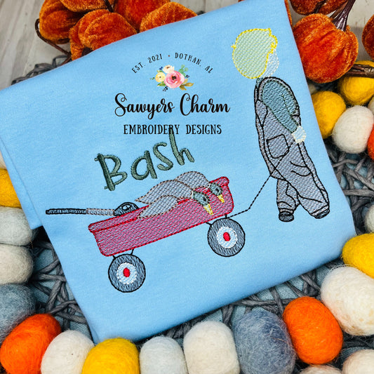 Little boy duck hunting pulling wagon sketch stitch machine embroidery design file, mallards, fall, outdoor hunter, overalls