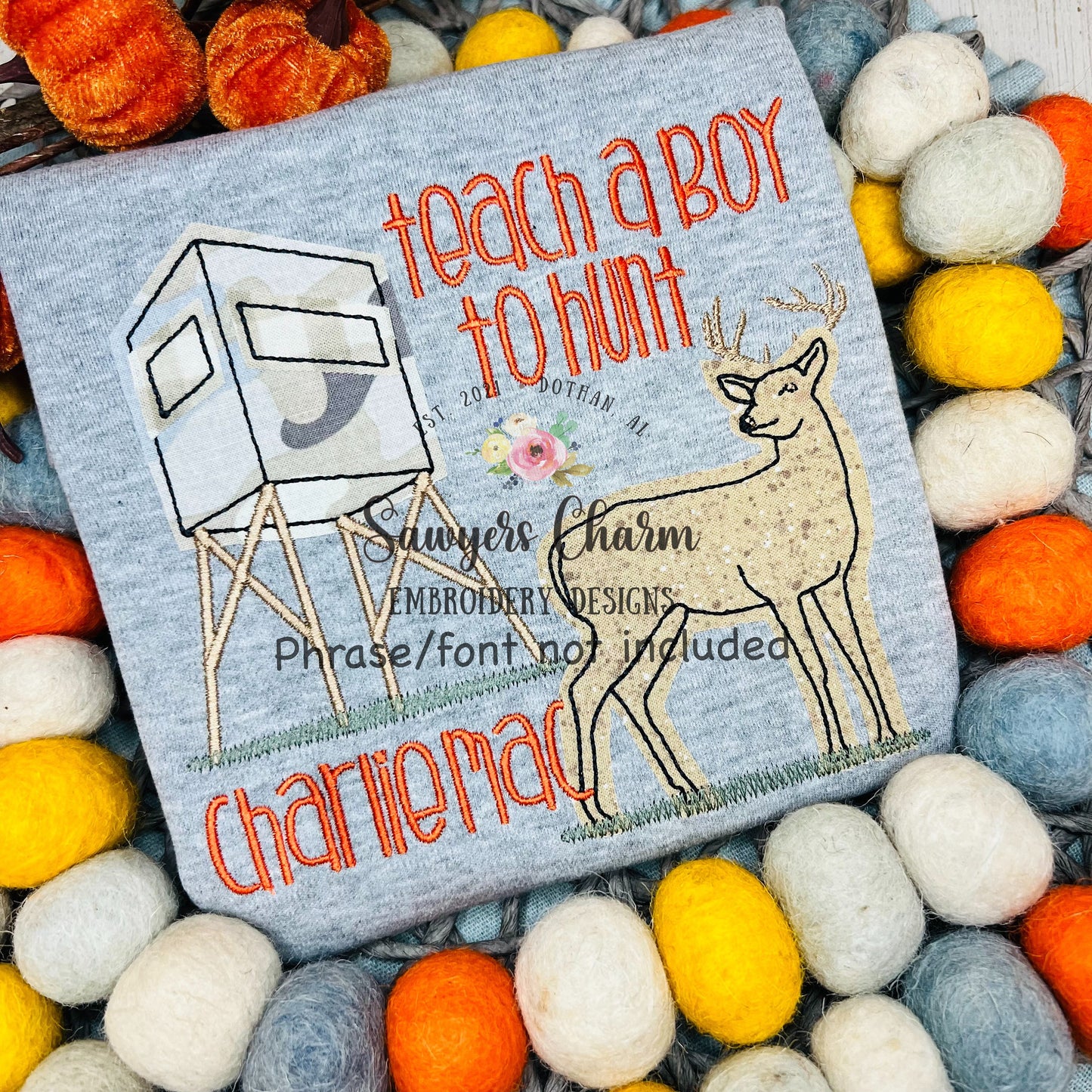 Shooting house with deer bean stitch machine applique embroidery design file, quick stitch, fall, hunting blind, outdoors, field