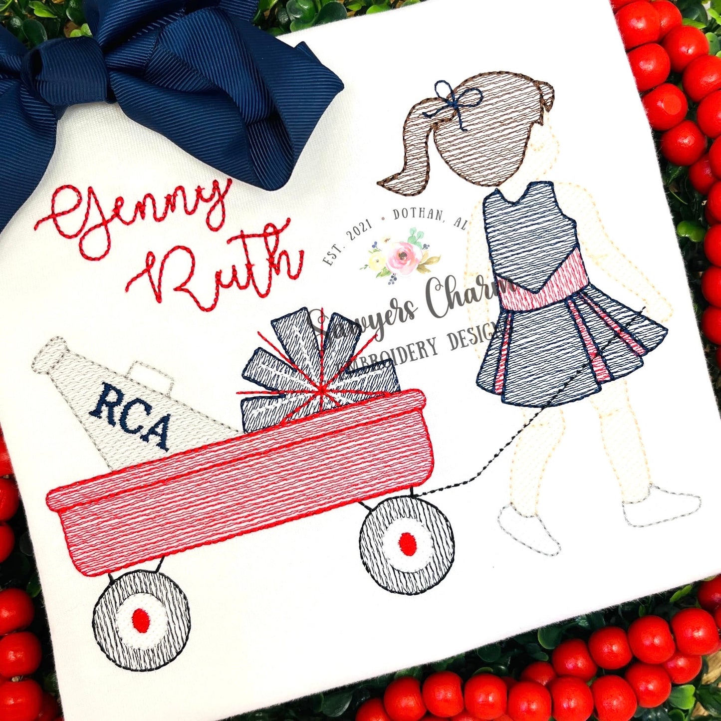Cheerleader with ponytail pulling wagon with megaphone & pompom sketch stitch machine embroidery design, fall football sports, team, bow