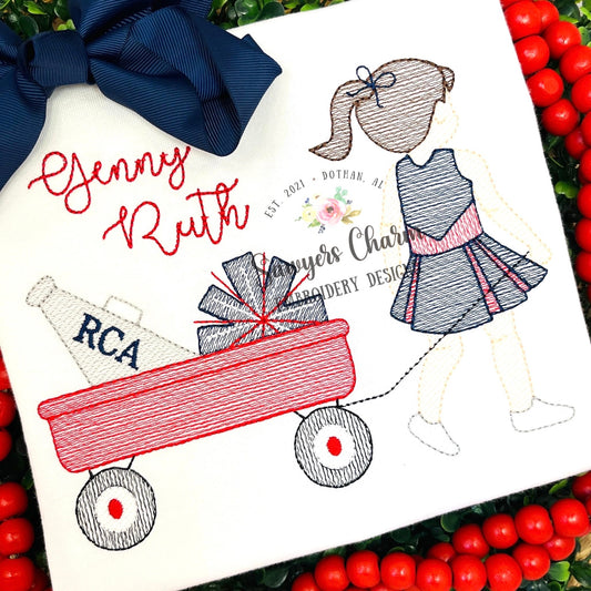 Cheerleader with ponytail pulling wagon with megaphone & pompom sketch stitch machine embroidery design, fall football sports, team, bow