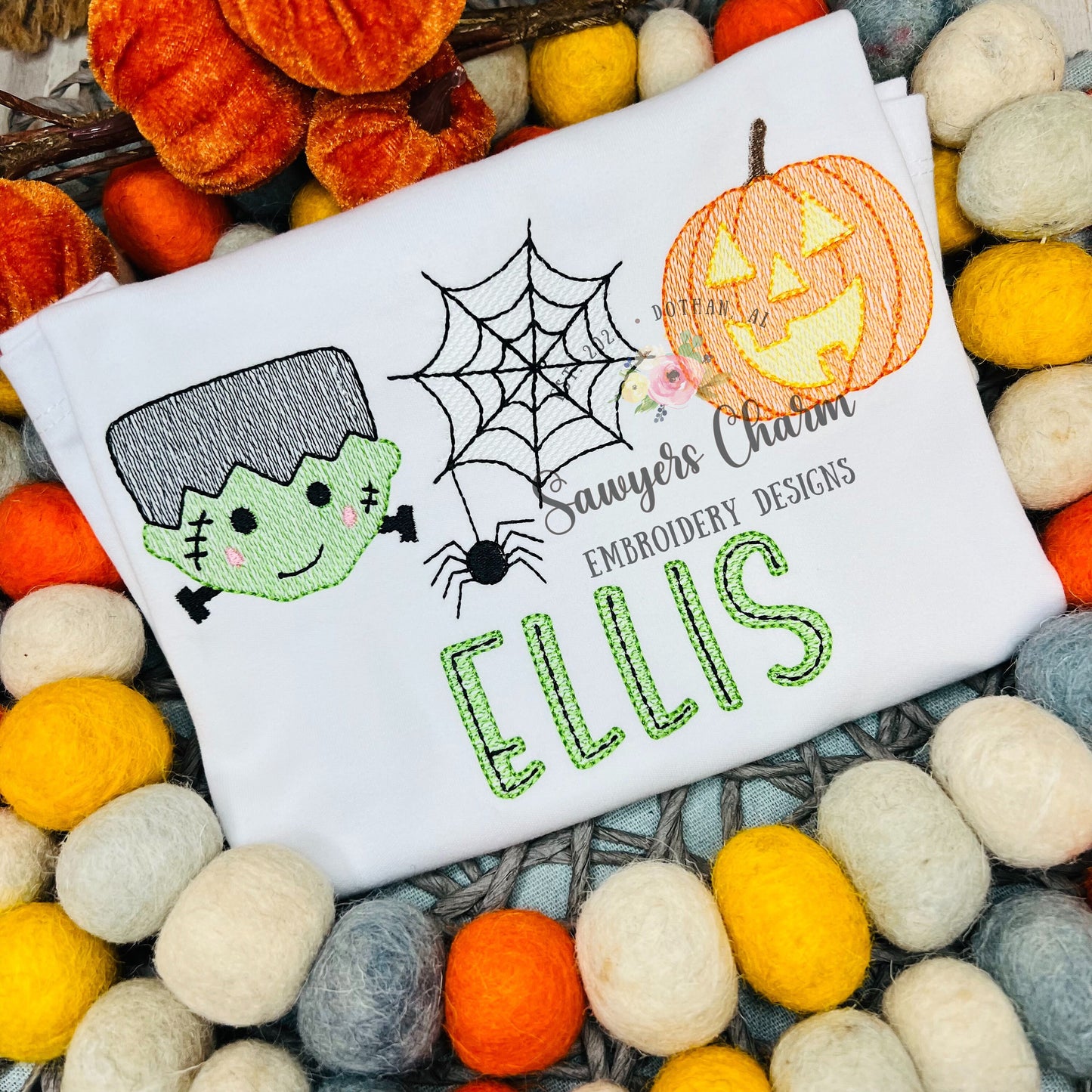 Frankenstein, spiderweb, jackolantern sketch stitch trio machine embroidery design file, Halloween, spooky season, quick stitch, fall