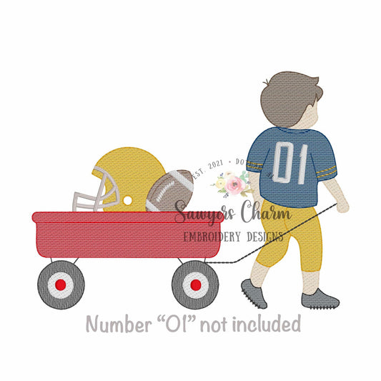 Football player pulling wagon with helmet and football sketch stitch machine embroidery design, fall football sports, team, cleats, game day