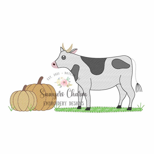 Cow in grass with pumpkins sketch stitch machine embroidery design file, bean stitch details, fall, thanksgiving, farm animal, field