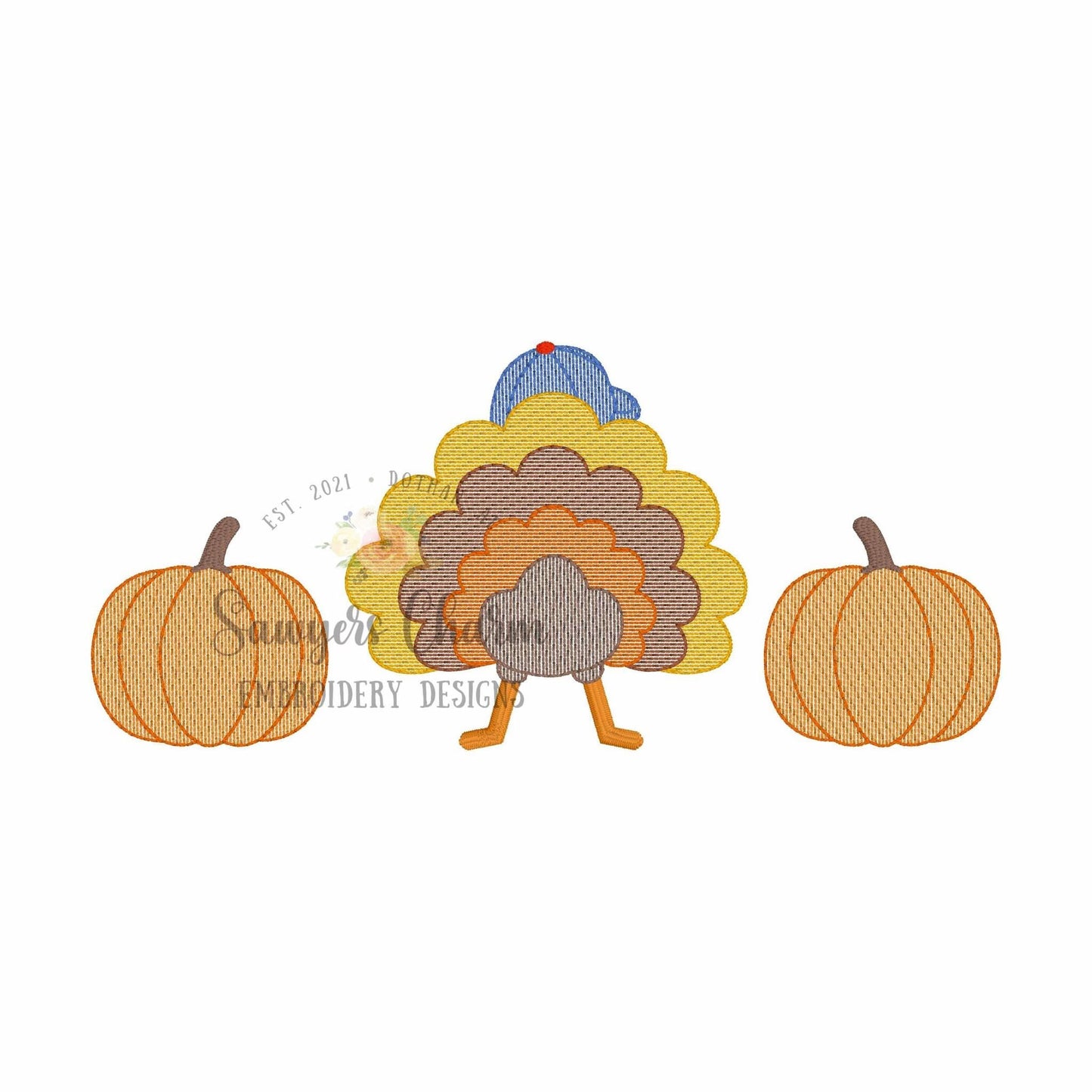 Turkey tail with ballcap & pumpkins trio sketch stitch embroidery design file, fall, thanksgiving, quick stitch, feathers, hat