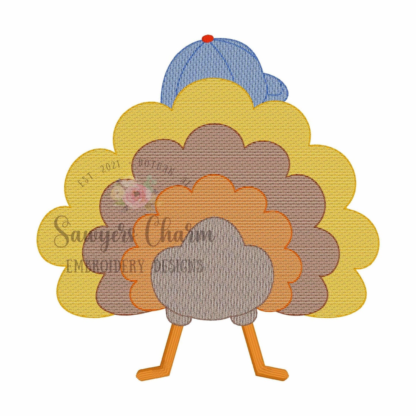 Turkey tail with ballcap light fill sketch stitch embroidery design file, fall, thanksgiving, quick stitch, feathers, hat, little boy