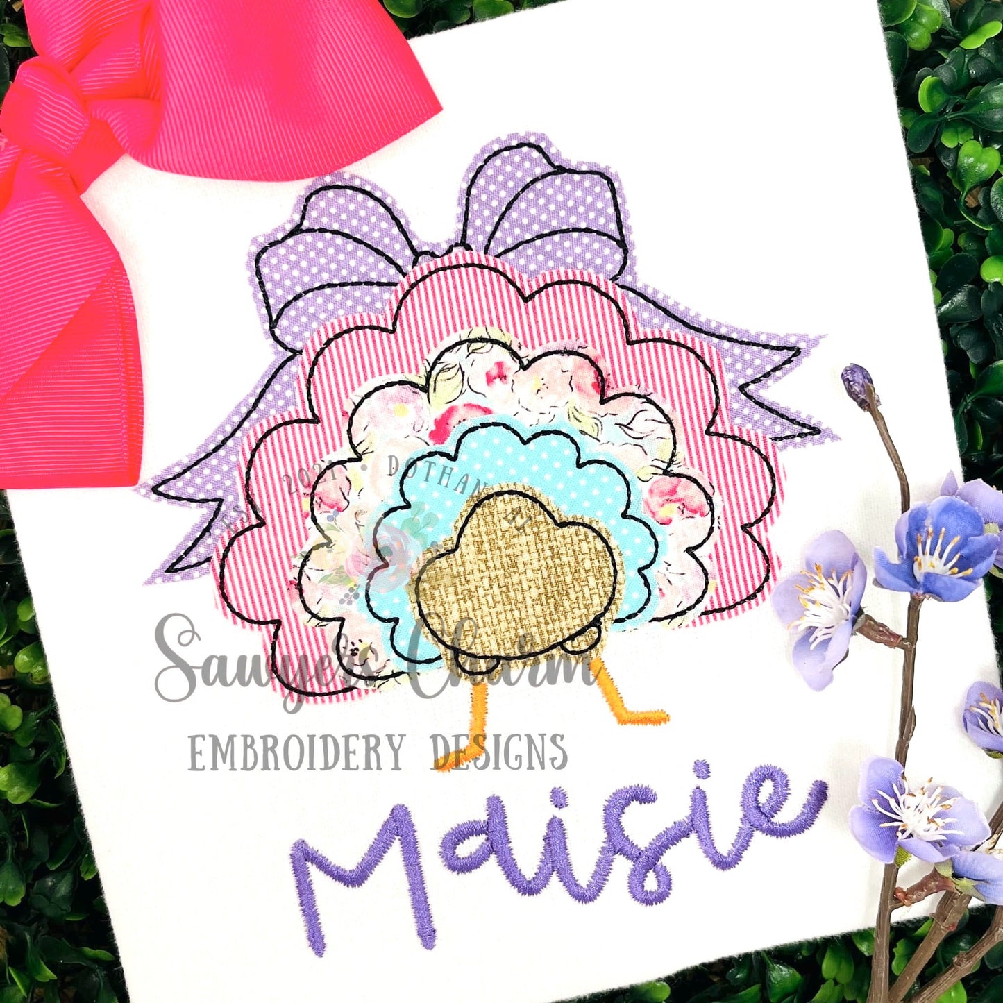 BUNDLE Turkey tail with bow bean & zig zag stitch machine applique embroidery design, fall, thanksgiving, quick stitch, coquette, feathers