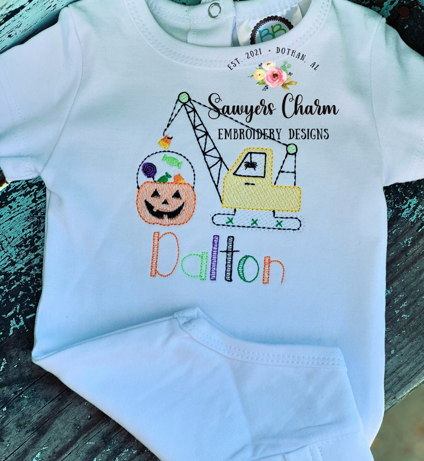 Halloween crane sketch stitch machine embroidery design, quick stitch, construction digger truck transportation jackolantern candy, spooky