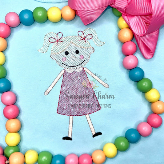 Little girl with pigtails & bow in dress light fill sketch stitch machine embroidery design file, quick stitch, paper doll, several sizes