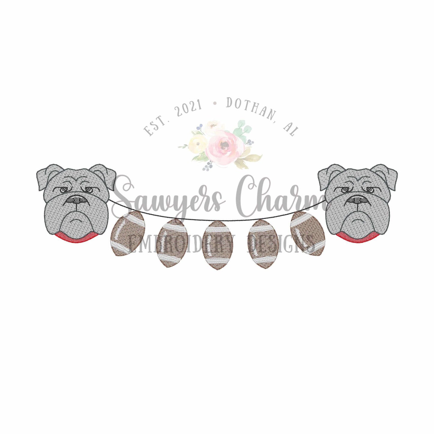 Bulldog with collar & footballs bunting banner sketch stitch machine embroidery design, college university, sports fan, mascot