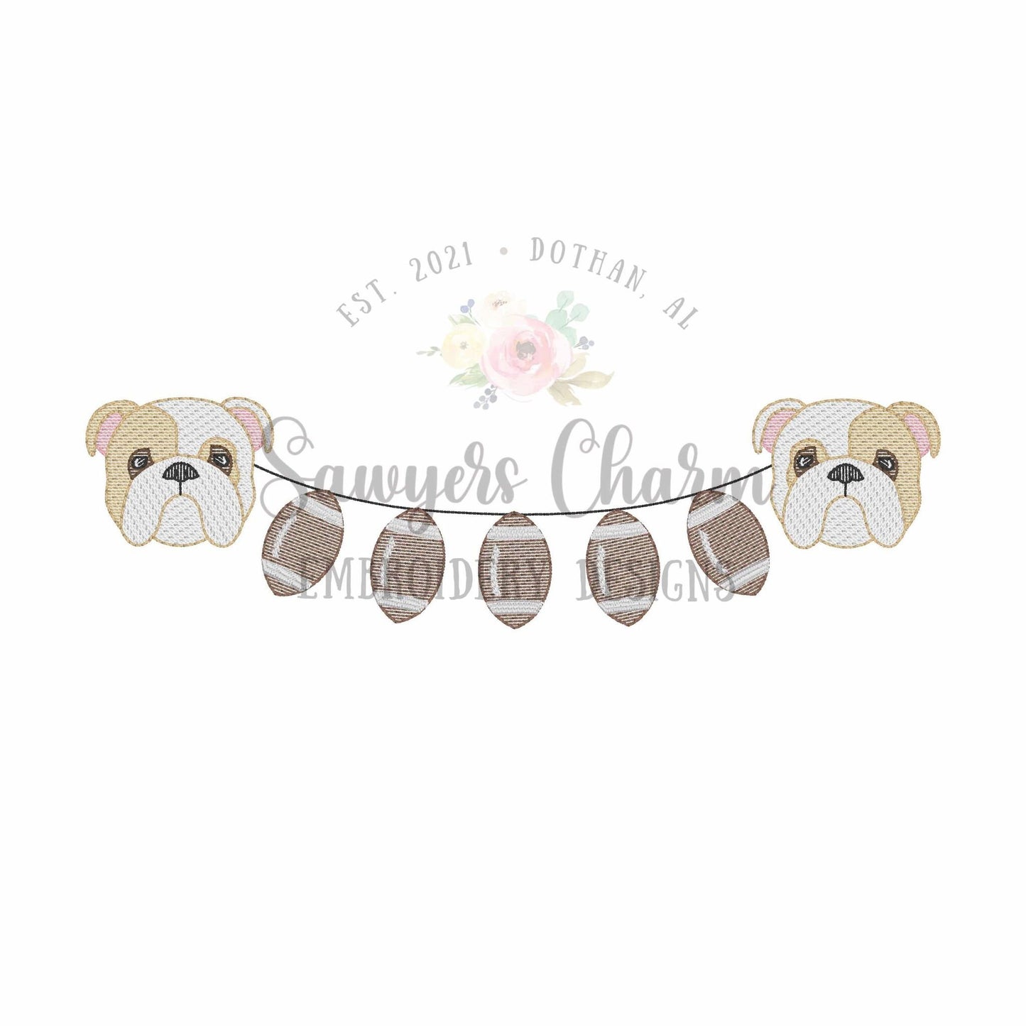 Bulldog two colors & footballs bunting banner sketch stitch machine embroidery design, college university, sports fan, mascot, high school