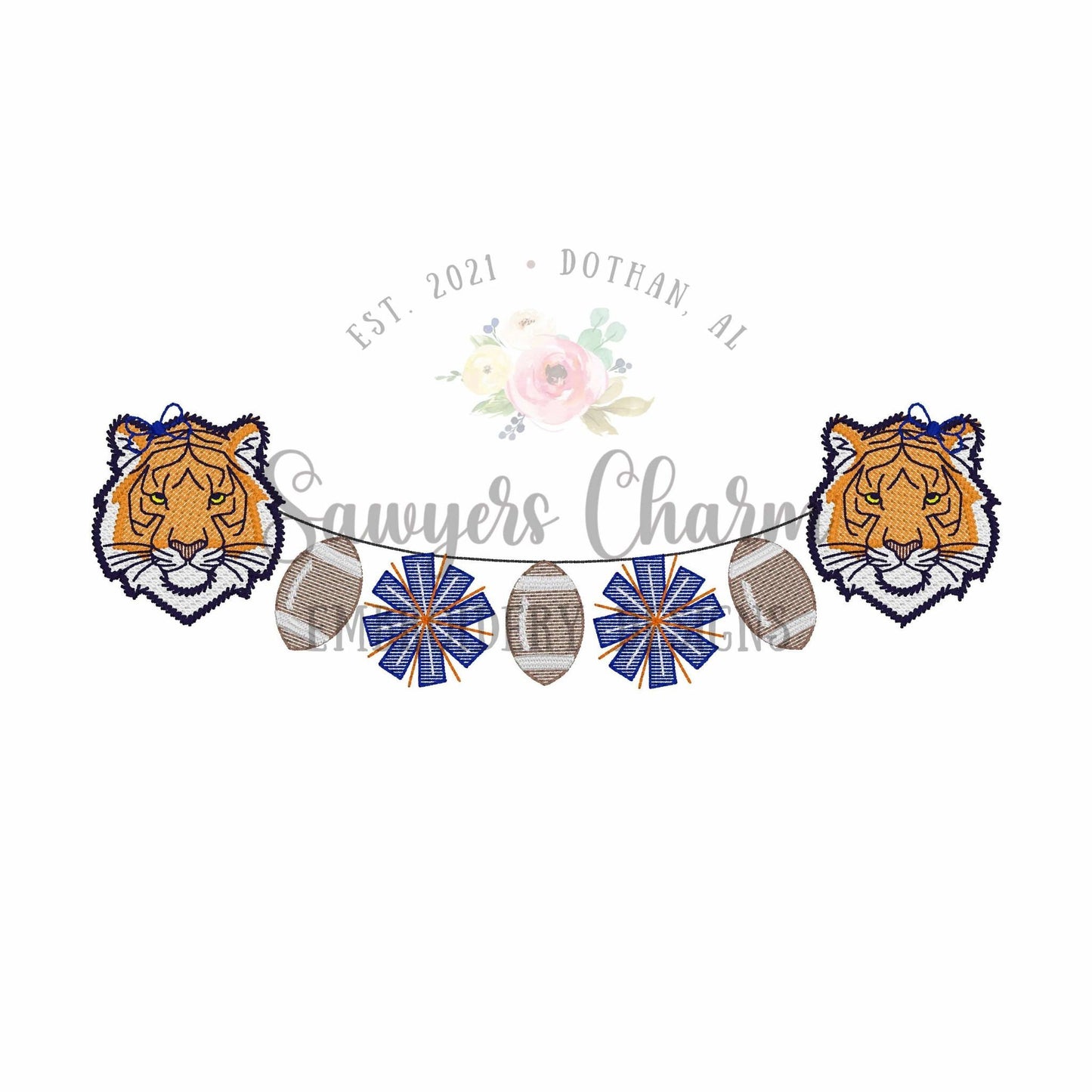 Tiger face & footballs/pom poms bunting banner sketch stitch machine embroidery design, college university, fall sports fan, cheerleading
