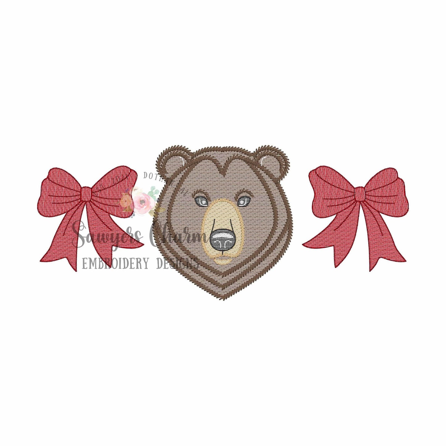 Coquette bows & bear trio, sketch stitch machine embroidery design, college university, football cheerleader, sports fan, grizzly zoo animal