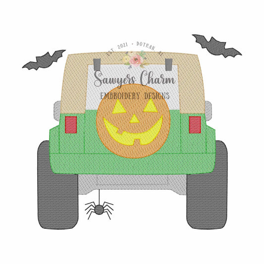Halloween Off Road SUV vehicle truck sketch stitch machine embroidery design, spooky spider, bats, jackolantern tire, transportation mudding