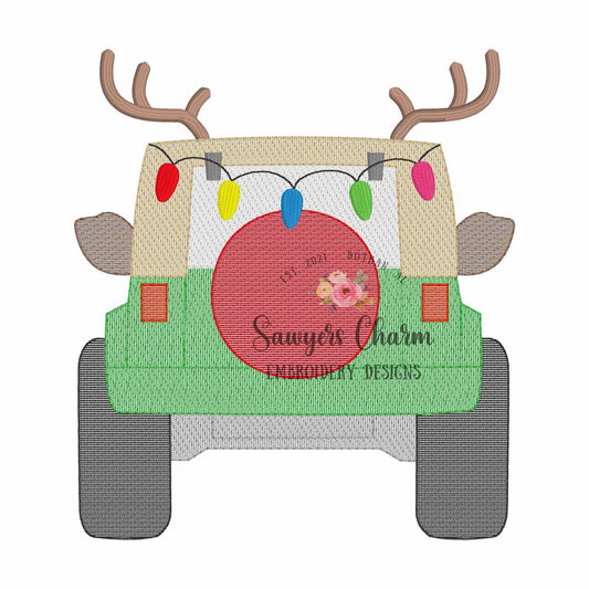 Rudolph reindeer antlers Off Road SUV vehicle truck sketch stitch machine embroidery design, Christmas lights, happy holidays, mudding