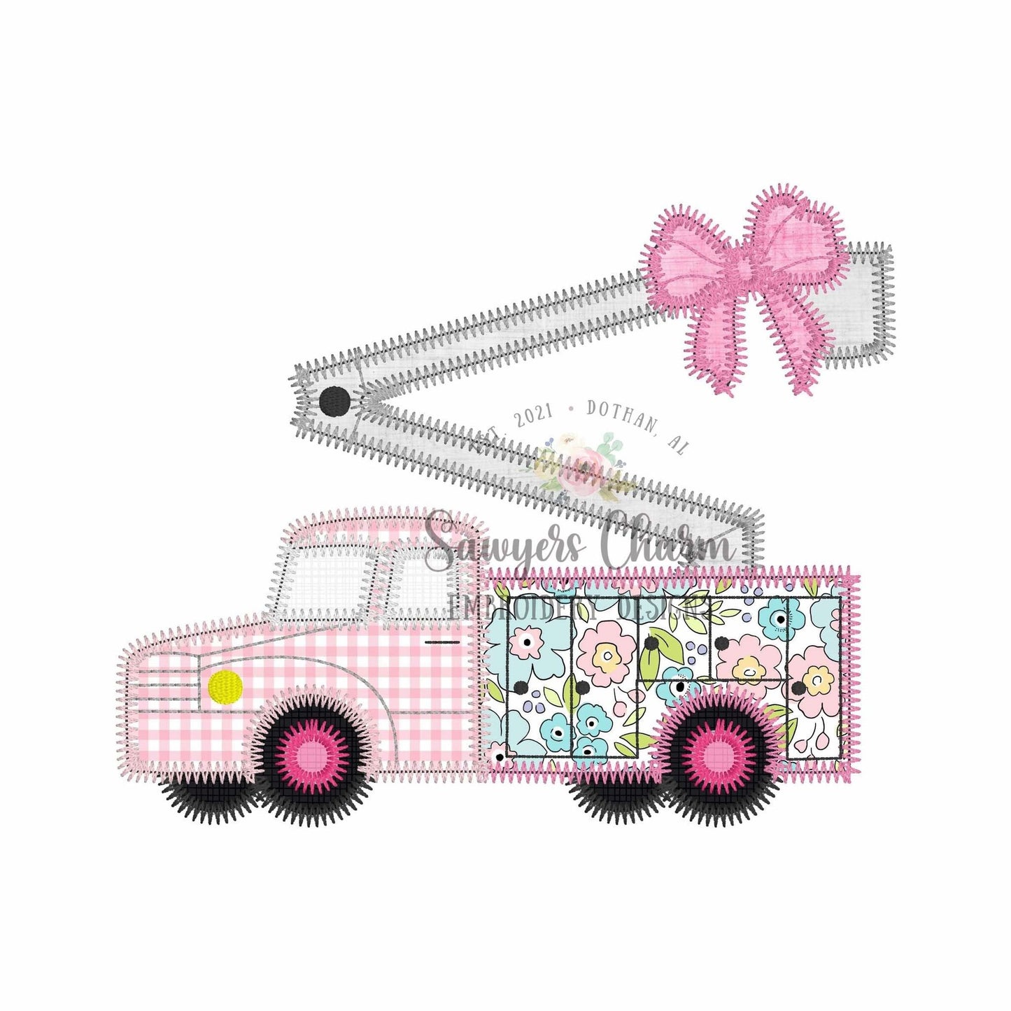 BUNDLE Bucket truck with bow bean & zigzag stitch machine embroidery applique design, quick stitch, lineman, construction worker, coquette