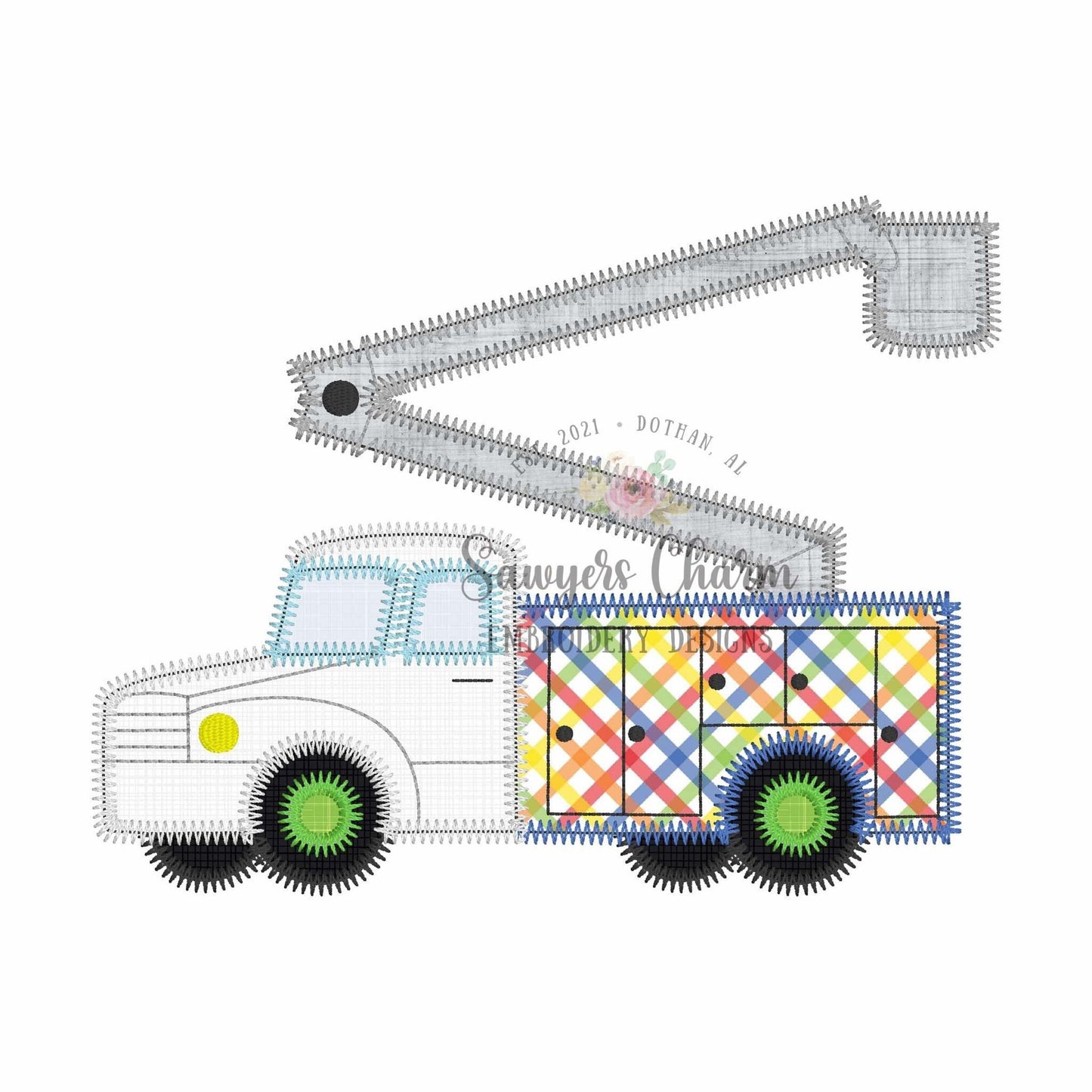 BUNDLE Bucket truck bean & zigzag stitch machine embroidery applique design, quick stitch, lineman, construction worker, city vehicle