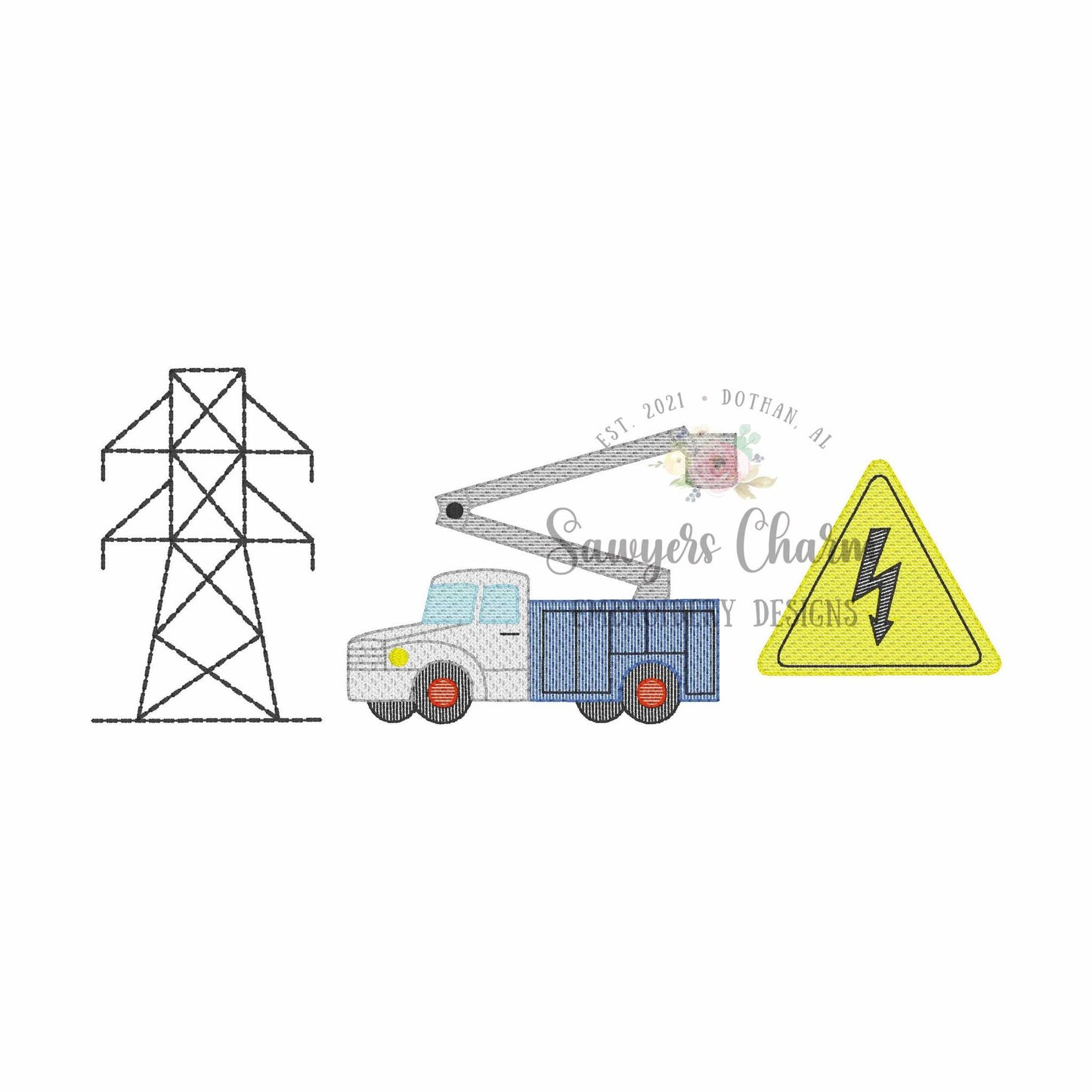Bucket truck, power line, hazard sign sketch stitch trio, machine embroidery design, quick stitch, lineman, construction worker, electrical