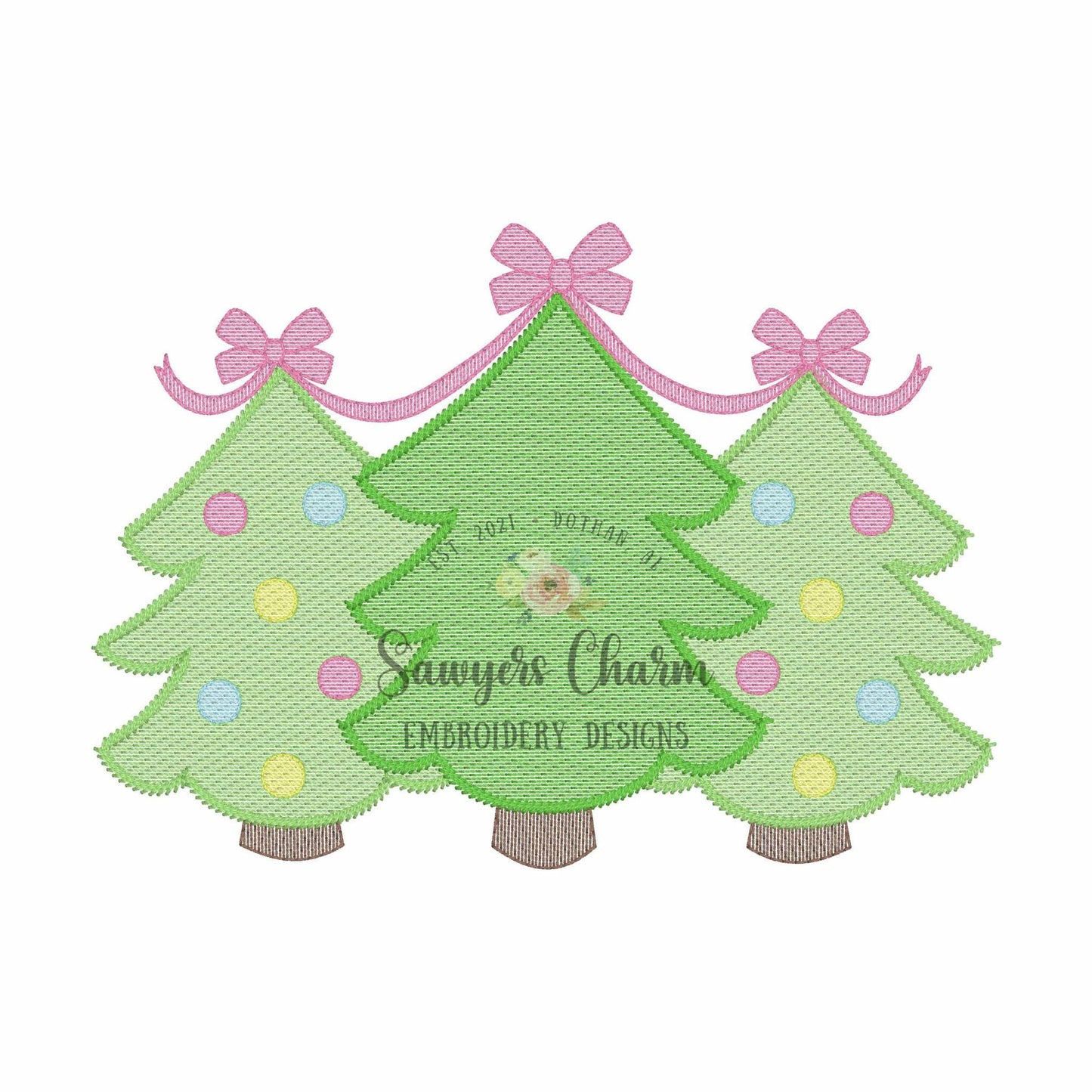 BUNDLE Christmas tree trio with bows & stars sketch stitch machine embroidery design file, quick stitch, ornaments, holidays, boho, woodland