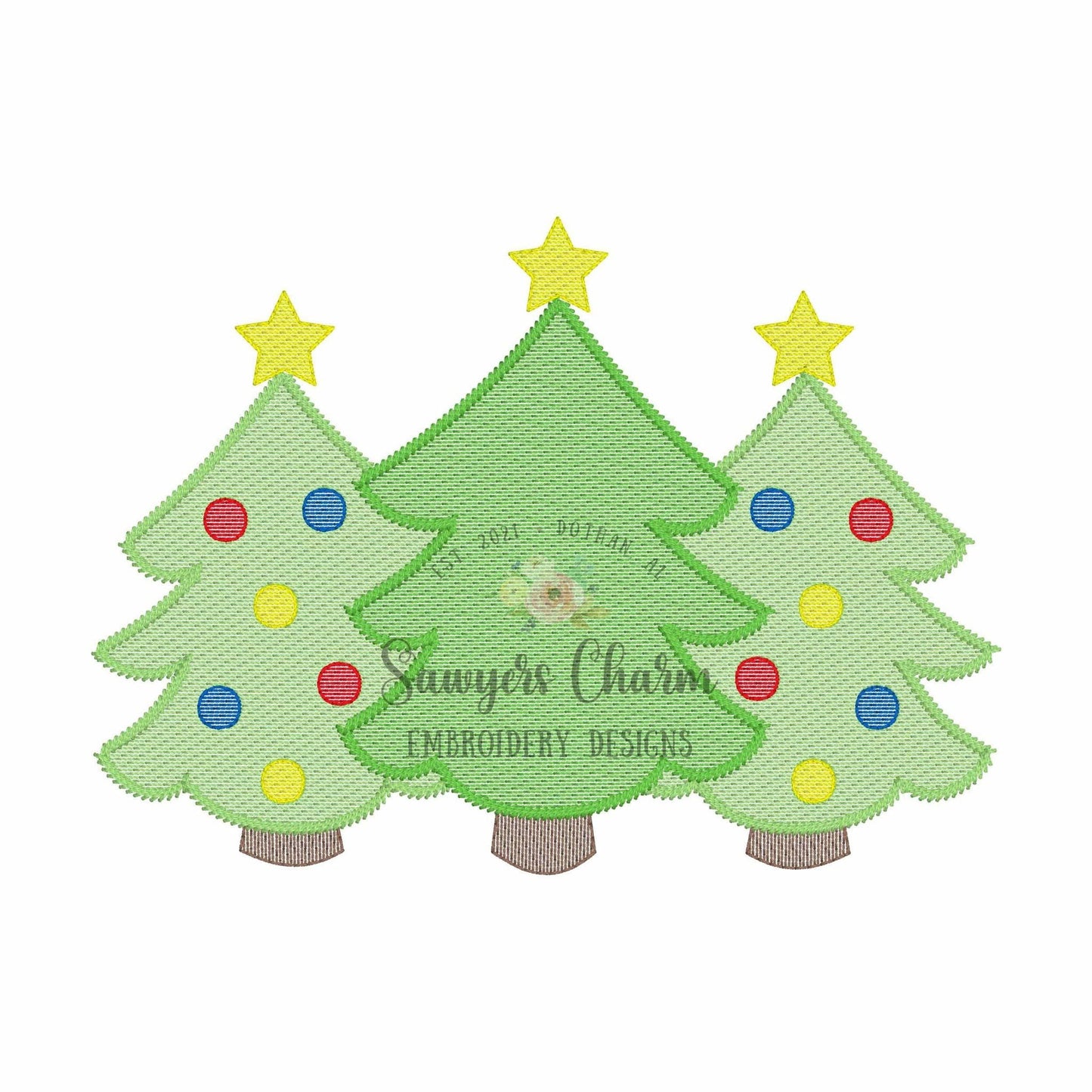 BUNDLE Christmas tree trio with bows & stars sketch stitch machine embroidery design file, quick stitch, ornaments, holidays, boho, woodland