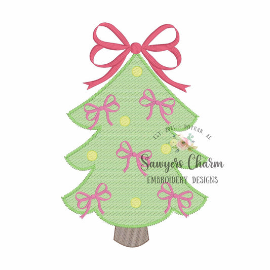 Coquette Christmas tree trio with bows & ornaments sketch stitch machine embroidery design file, quick stitch, happy holidays, woodland