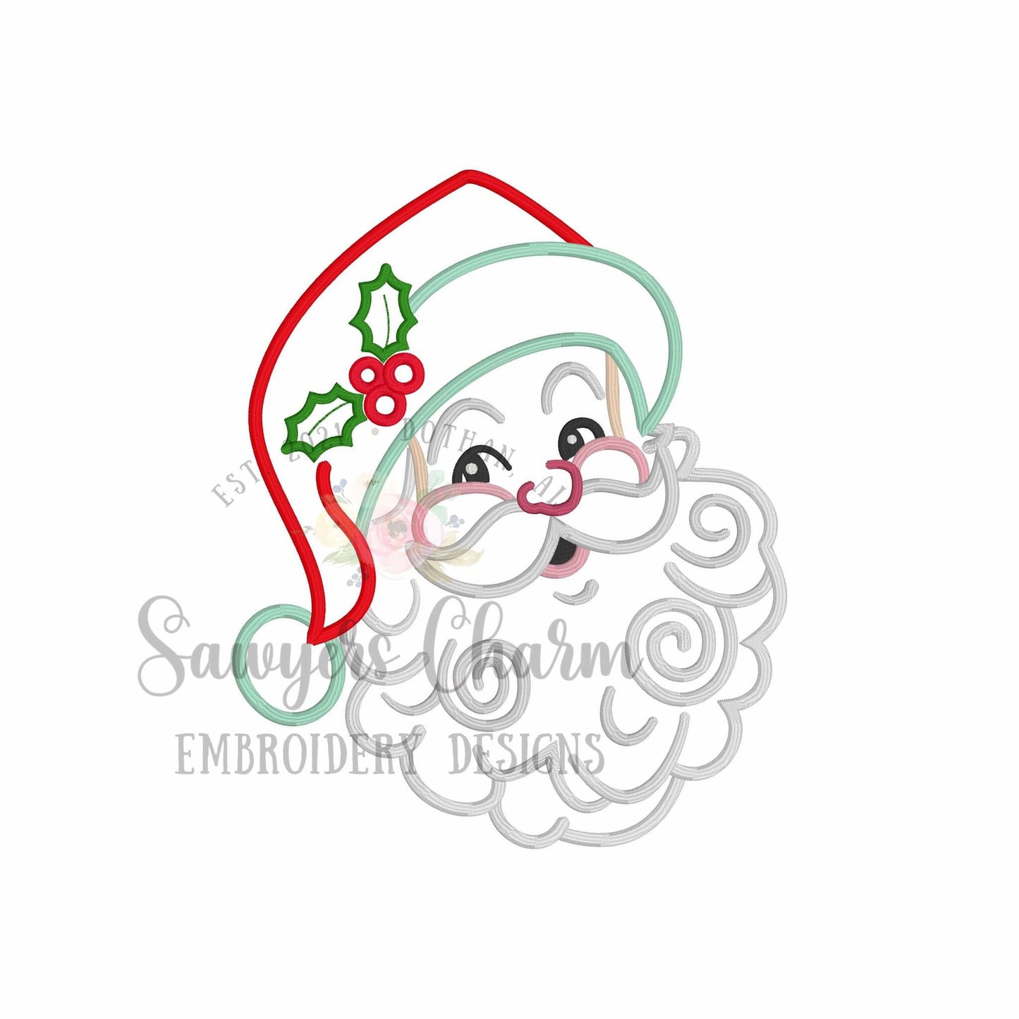 Santa Claus satin stitch outline machine embroidery design file, happy holidays, holly berries, vintage, Jolly Ole St. Nick, Merry Christmas