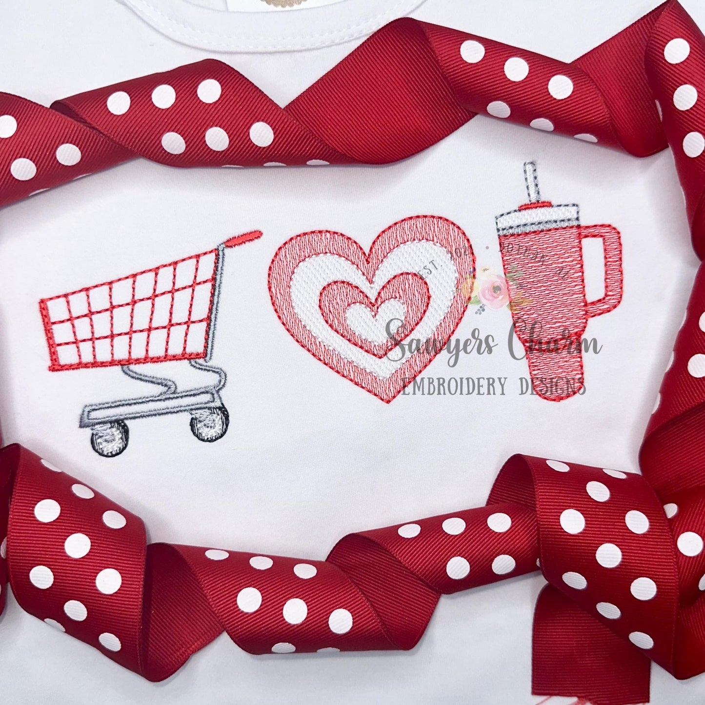 Shopping cart, heart bullseye, to go tumbler cup trio sketch stitch machine embroidery design file, quick stitch, mom life, mini me,