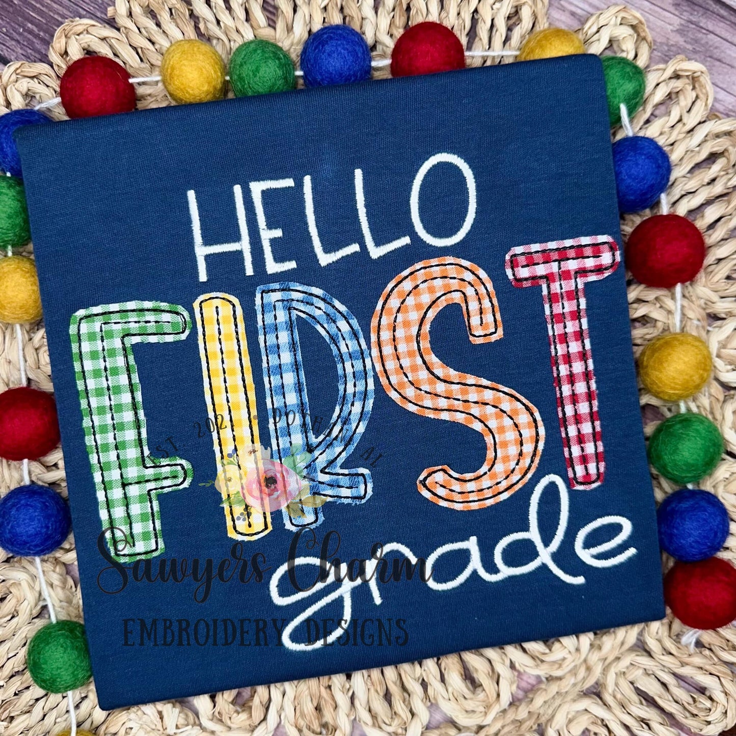 Hello First Grade, bean stitch applique, machine embroidery design file, satin stitch, back to school, elementary student