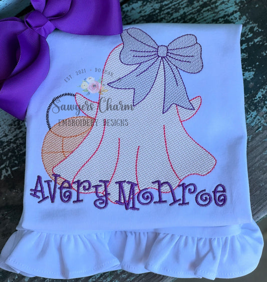 Ghost with bow & candy bucket sketch stitch machine applique embroidery design, quick stitch, fall, halloween, spooky season, trick or treat