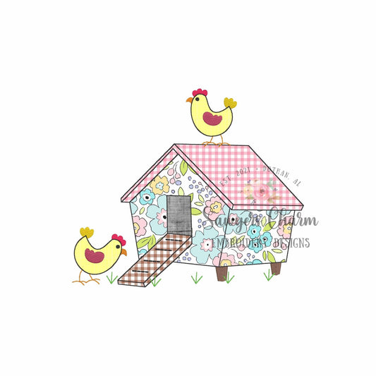 Chicken coop bean stitch applique, machine embroidery design file, quick stitch, farm animal, feed, hen, roosters, spring, fall