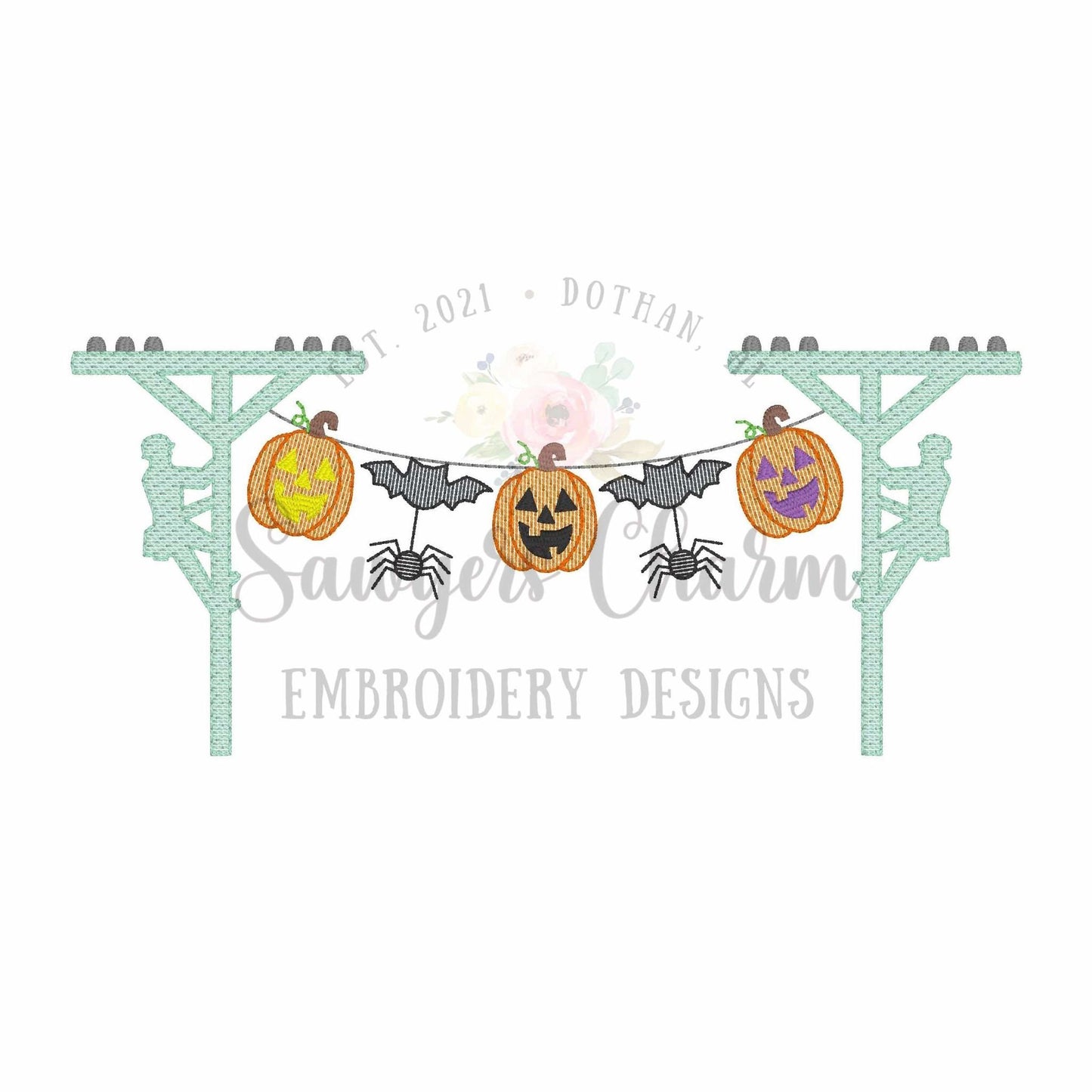 Halloween lineman bunting banner sketch stitch machine embroidery design, quick stitch, power line pole, jackolantern, bats, spiders, spooky