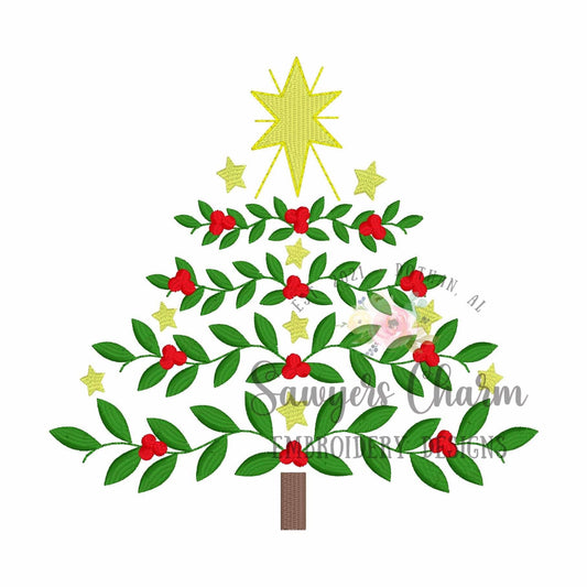 Christmas tree with stars & ornaments fill stitch, machine embroidery design file, happy holidays, holly berry vine branches, merry