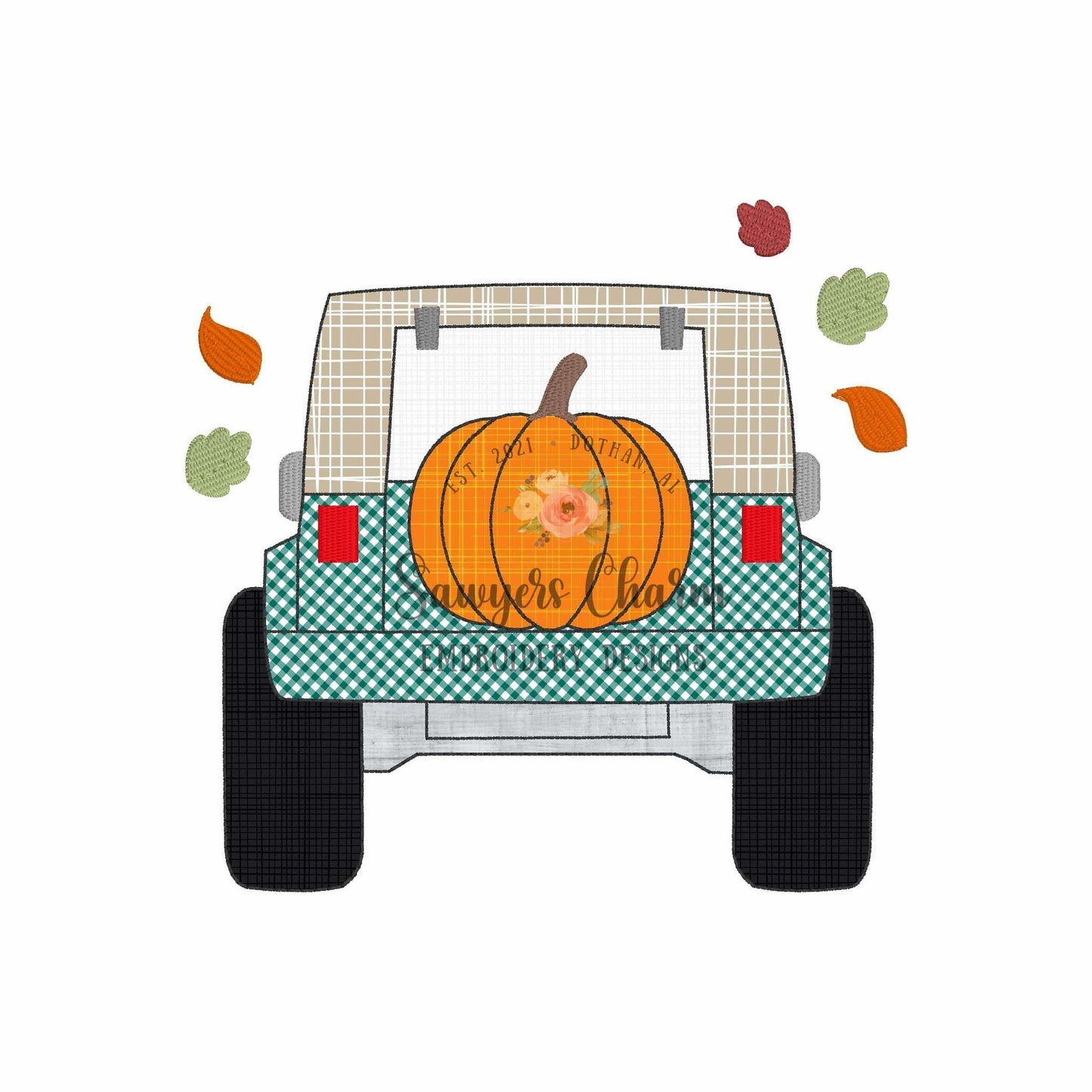 BUNDLE Fall pumpkin tire Off Road SUV vehicle truck bean & zigzag stitch applique, machine embroidery design, thanksgiving leaves, mudding