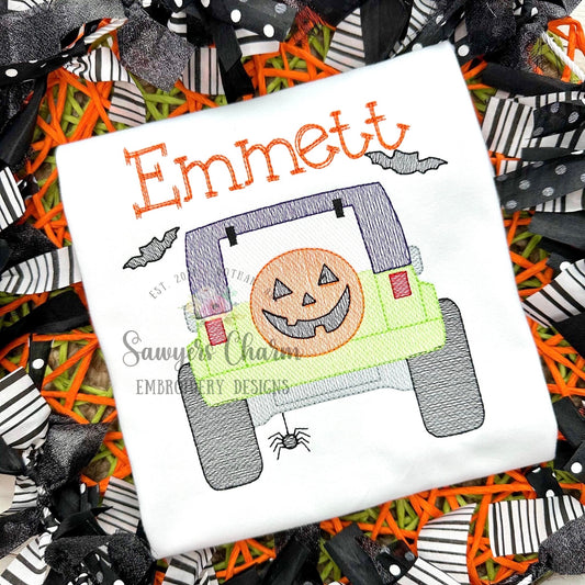 Halloween Off Road SUV vehicle truck sketch stitch machine embroidery design, spooky spider, bats, jackolantern tire, transportation mudding