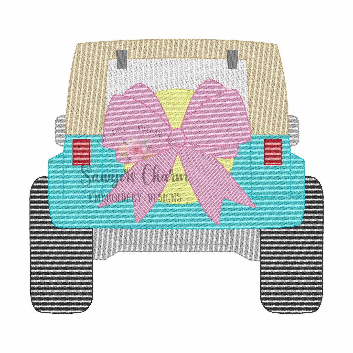 Off Road SUV vehicle truck with coquette bow sketch stitch, machine embroidery design file, transportation, mudding, beach summer, beach