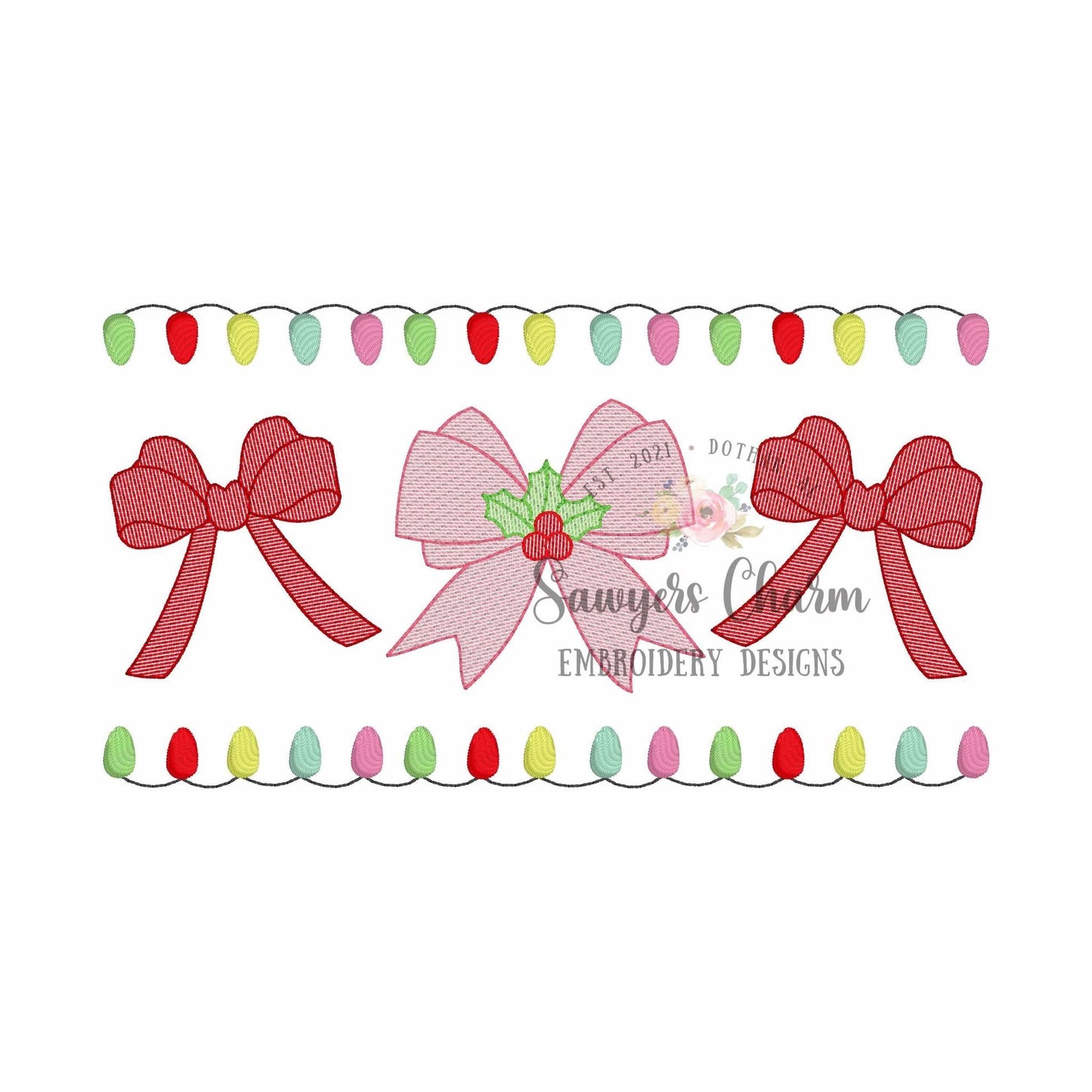Coquette Christmas bows trio with holly berries & lights border sketch stitch machine embroidery design file, quick stitch, happy holidays