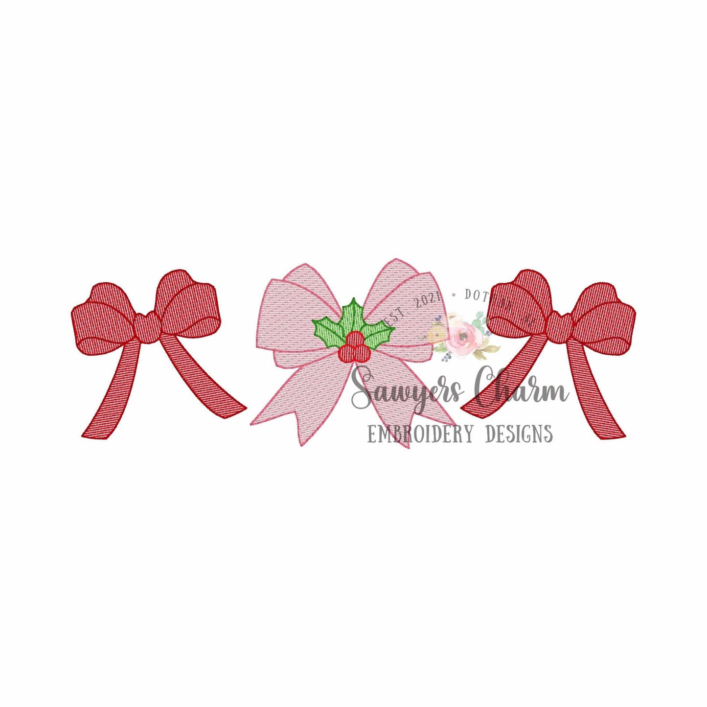Coquette bows trio with holly berries sketch stitch machine embroidery design file, quick stitch, happy holidays, Merry Christmas, girl
