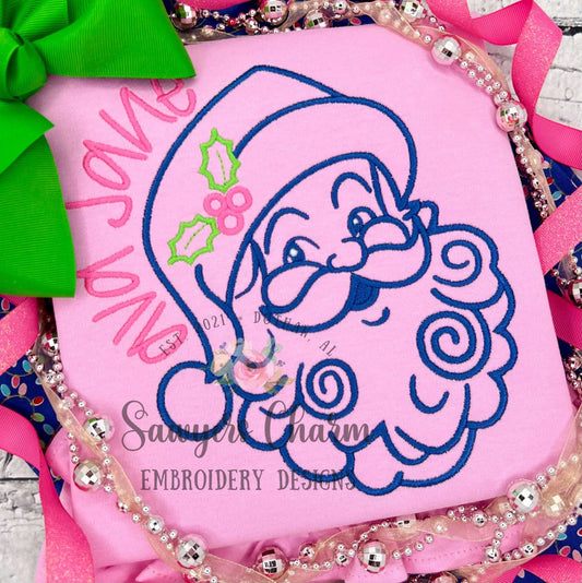 Santa Claus satin stitch outline machine embroidery design file, happy holidays, holly berries, vintage, Jolly Ole St. Nick, Merry Christmas