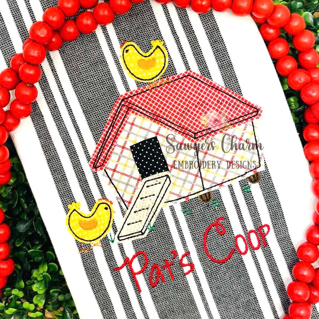 Chicken coop bean stitch applique, machine embroidery design file, quick stitch, farm animal, feed, hen, roosters, spring, fall