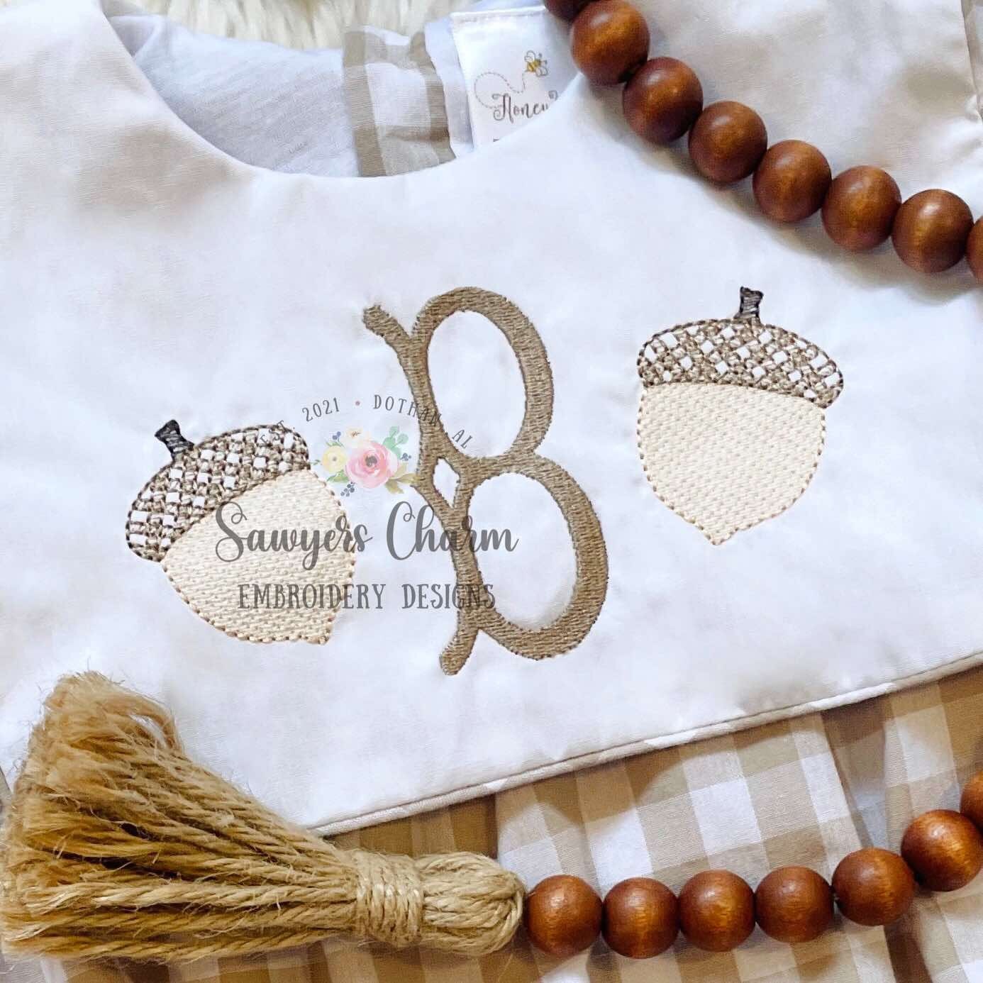 BUNDLE Gingham acorn with/without bow, sketch stitch embroidery design file, fall, quick stitch, plaid, check, thanksgiving harvest