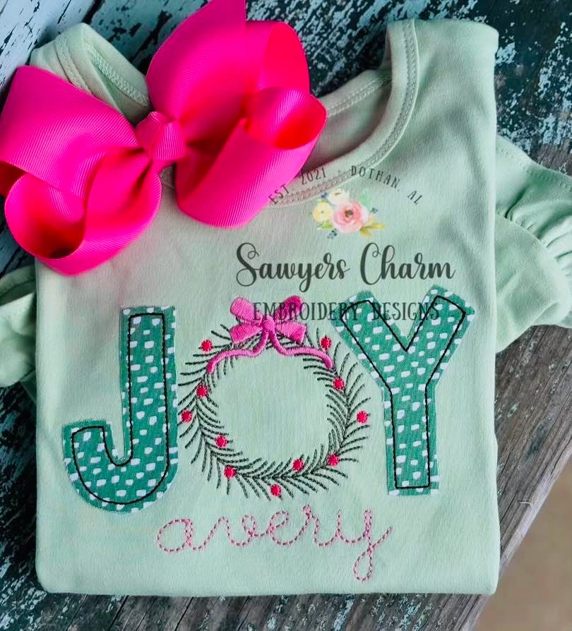Christmas JOY wreath with bow BEAN stitch applique, machine embroidery design file, bean stitch wreath, happy holidays, satin stitch bow
