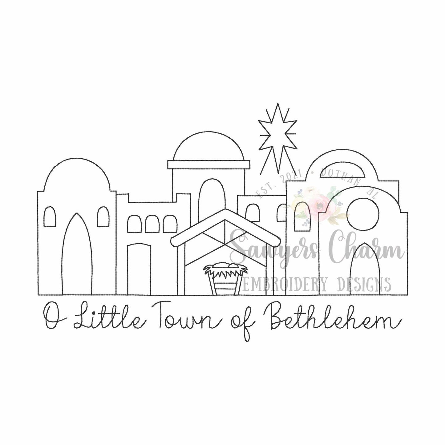 BUNDLE O Little Town of Bethlehem manger scene, baby Jesus bean stitch outline machine embroidery design, with/without phrase, Christmas