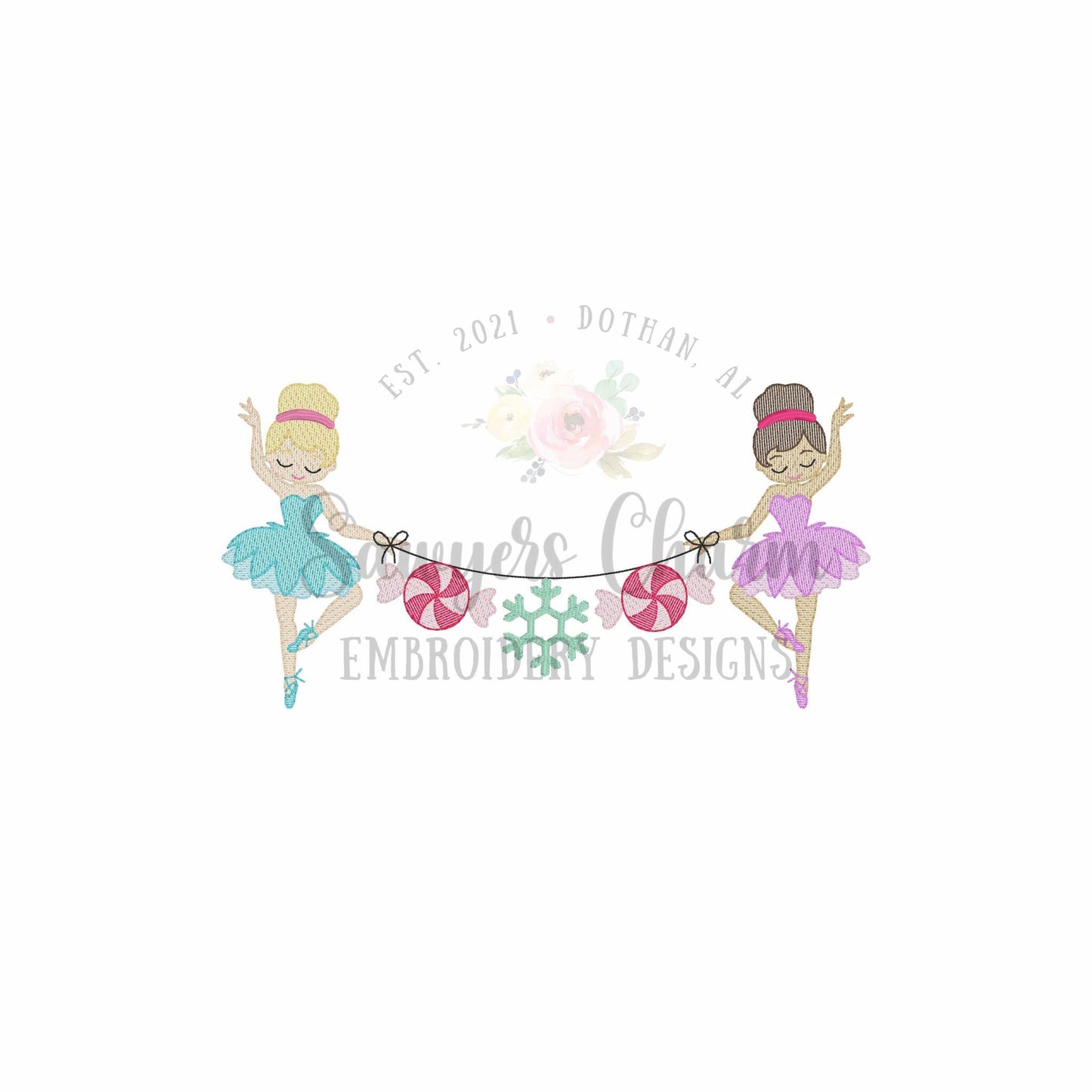 Ballerina peppermint candy, snowflake bunting banner, sketch stitch machine embroidery design, holiday nutcracker, coquette, Merry Christmas