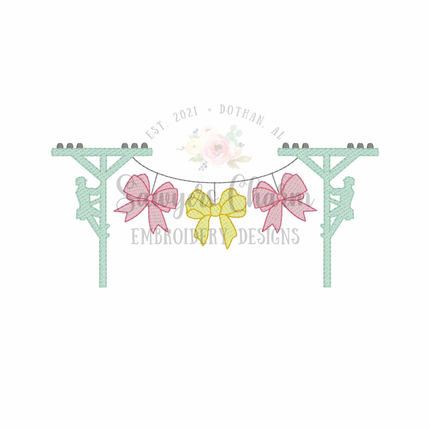 Lineman bunting banner coquette bows sketch stitch machine embroidery design, quick stitch, power line pole construction worker daddy's girl