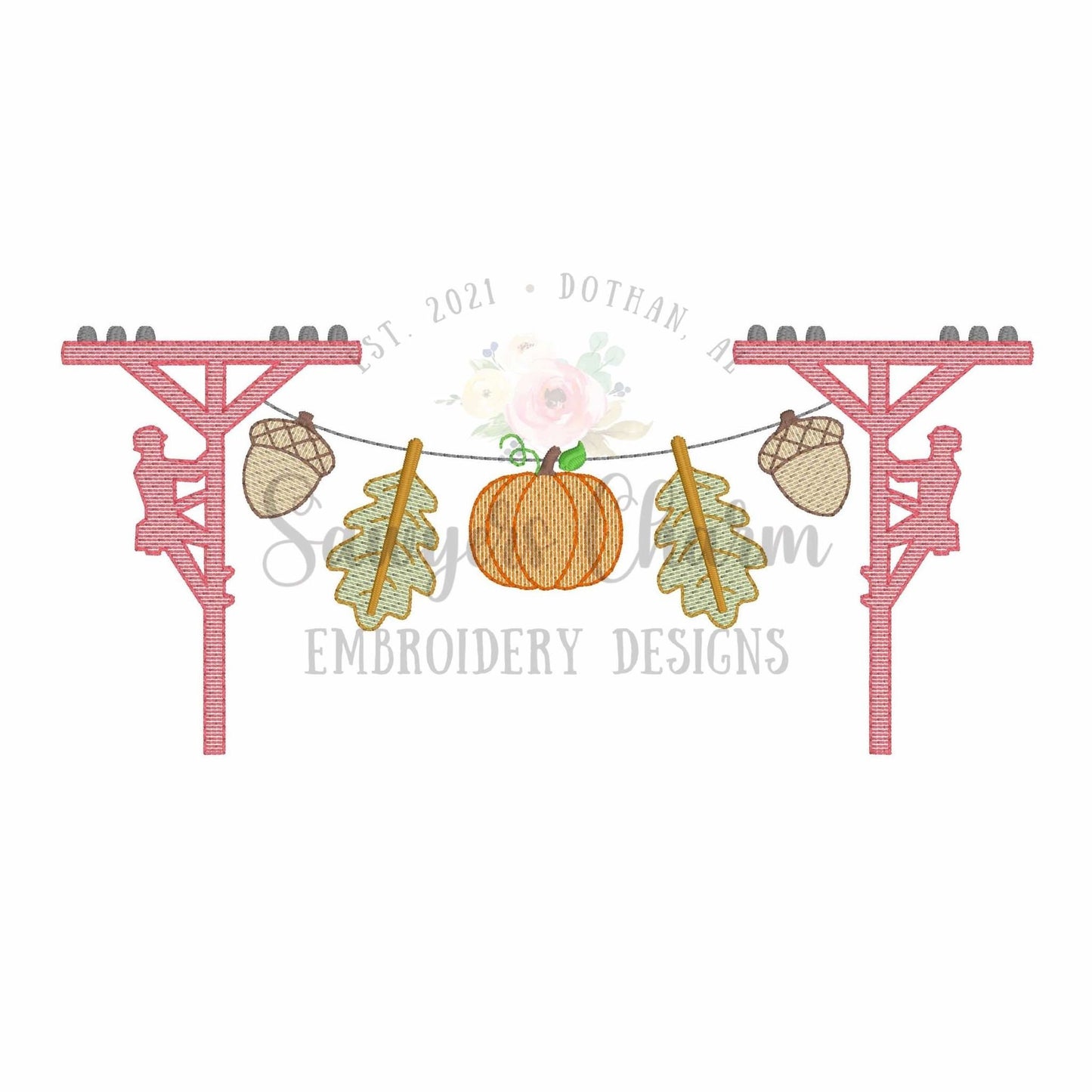 Fall thanksgiving lineman bunting banner sketch stitch machine embroidery design, quick stitch, power line pole leaves, acorn, pumpkin