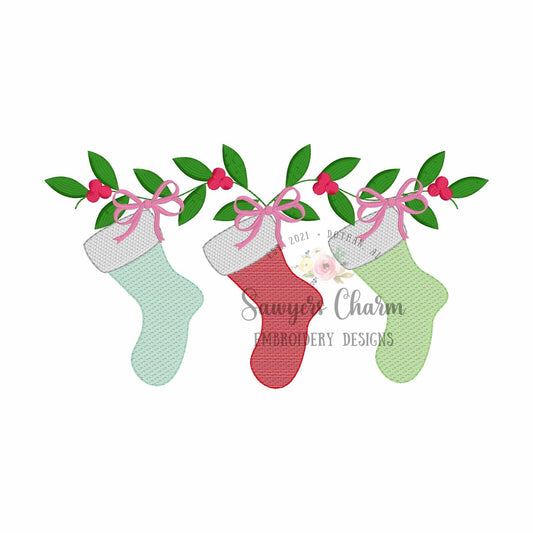 Coquette bows Christmas stockings on vine sketch stitch trio, machine embroidery design file, happy holidays, holly berries, merry
