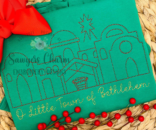 BUNDLE O Little Town of Bethlehem manger scene, baby Jesus bean stitch outline machine embroidery design, with/without phrase, Christmas