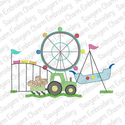 Peanut Festival fair rides sketch stitch machine embroidery design file, roller coaster, tractor, ferris wheel, harvest, amusement park