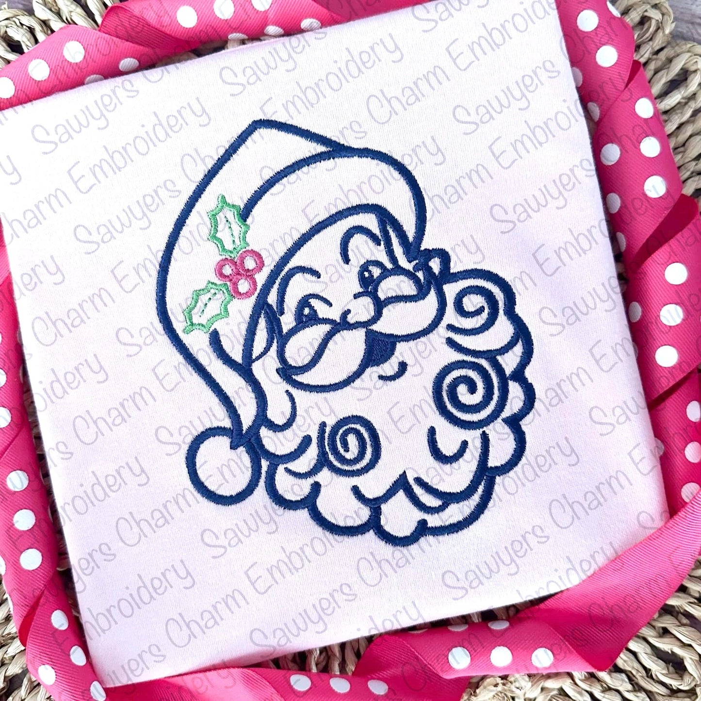 Santa Claus satin stitch outline machine embroidery design file, happy holidays, holly berries, vintage, Jolly Ole St. Nick, Merry Christmas