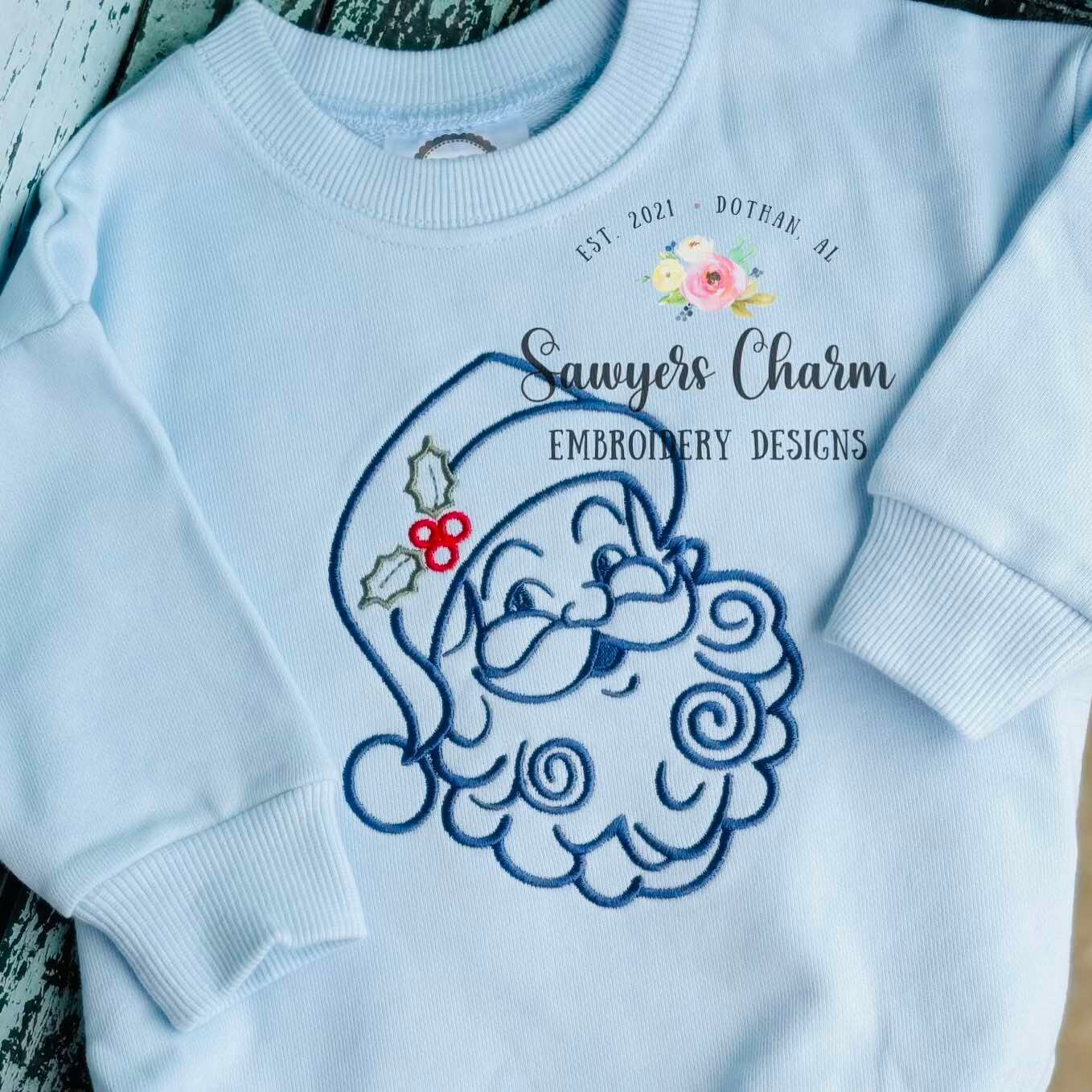 Santa Claus satin stitch outline machine embroidery design file, happy holidays, holly berries, vintage, Jolly Ole St. Nick, Merry Christmas